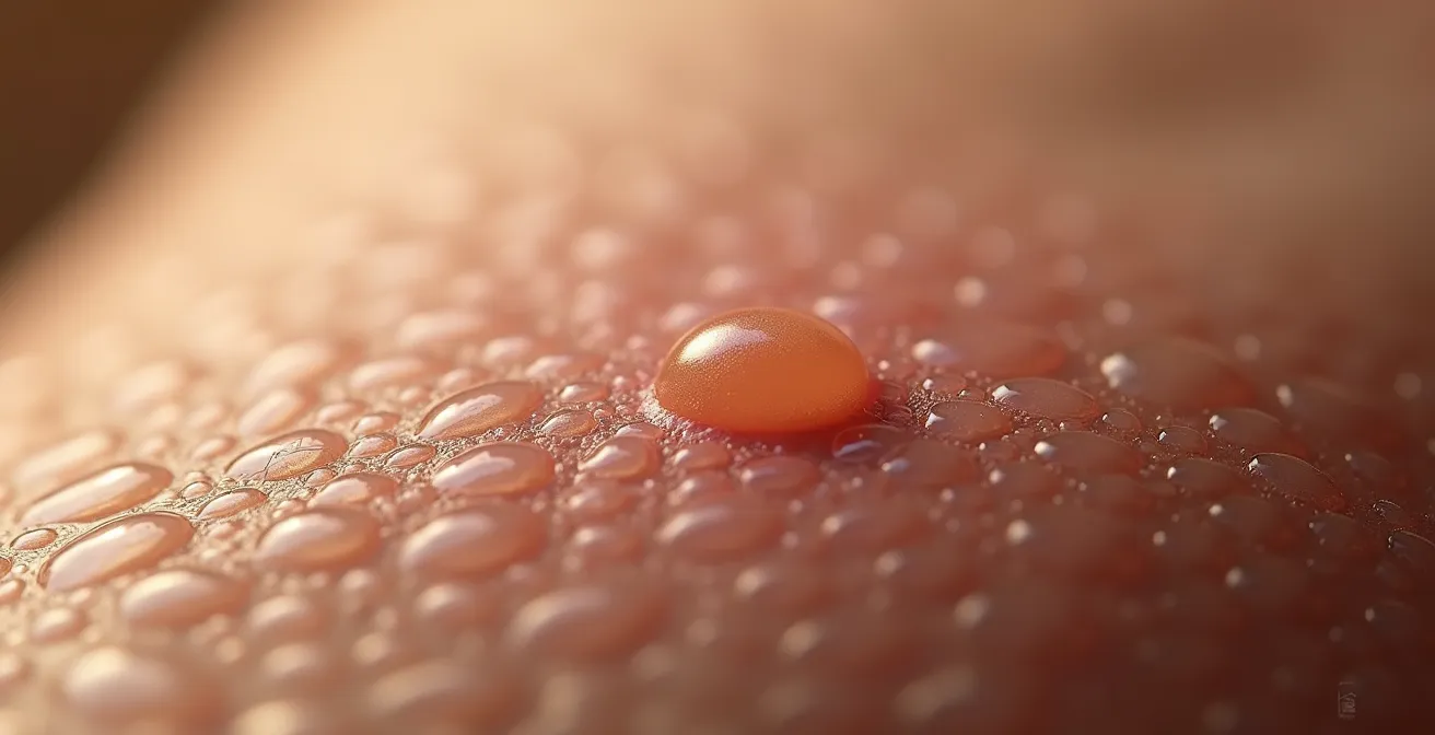 Gros plan macro montrant la texture d'une peau avec cicatrice d'acné et les micro-changements de surface