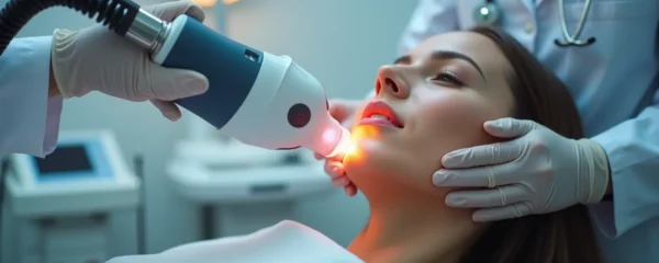 Illustration d'un professionnel de santé effectuant un traitement laser pour corriger les imperfections cutanées