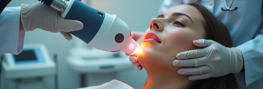 Illustration d'un professionnel de santé effectuant un traitement laser pour corriger les imperfections cutanées