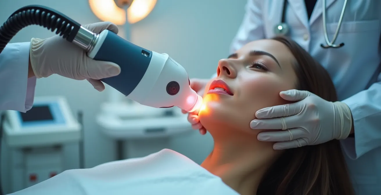 Illustration d'un professionnel de santé effectuant un traitement laser pour corriger les imperfections cutanées