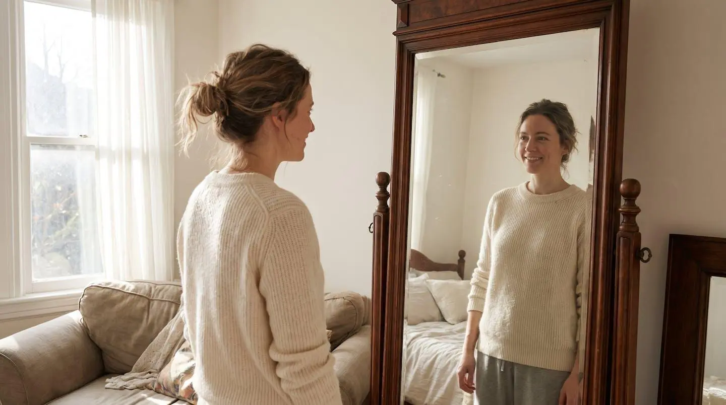 Femme de dos devant un miroir observant sa silhouette dans une ambiance chaleureuse et naturelle