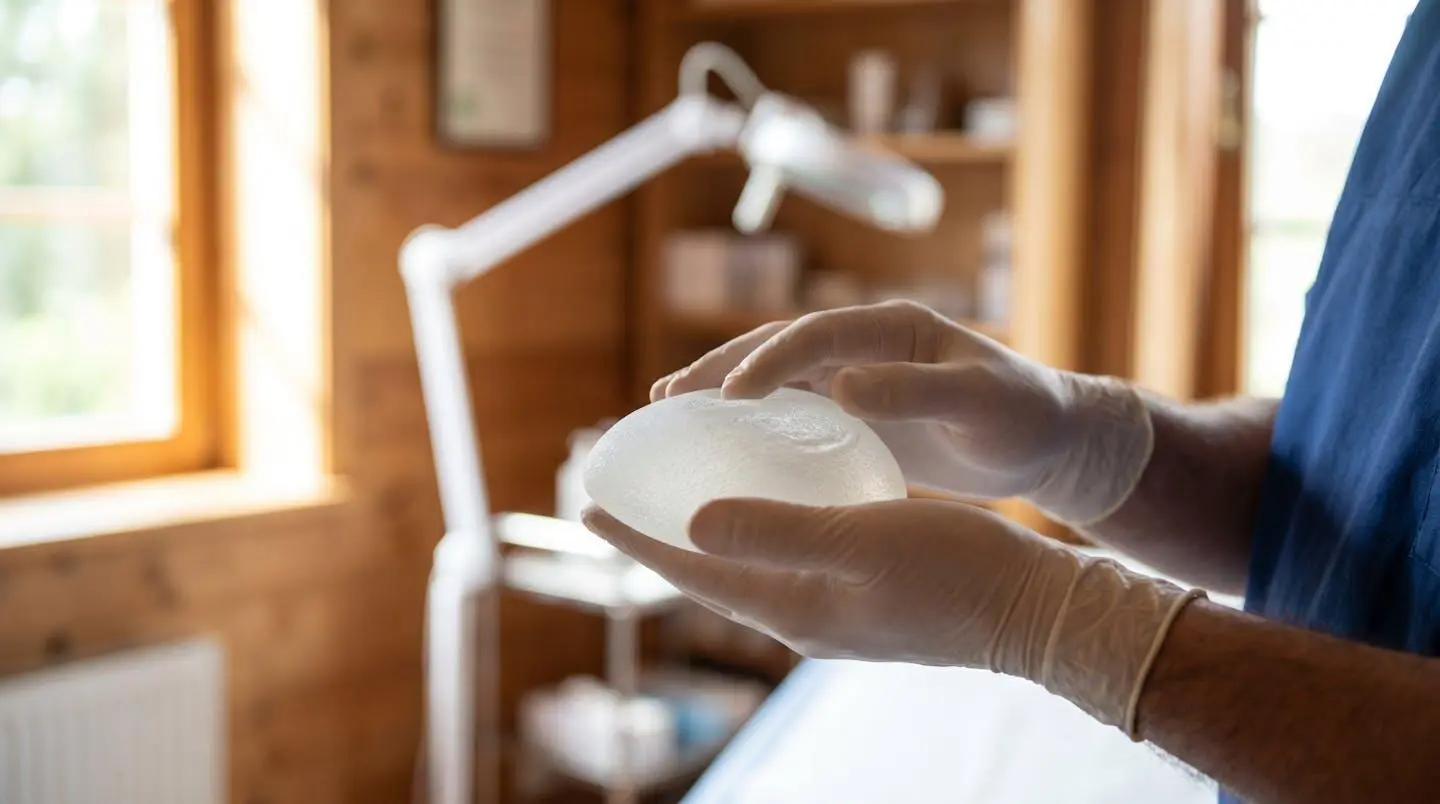 Gros plan sur les mains d'un chirurgien tenant un implant mammaire lors d'une consultation préopératoire