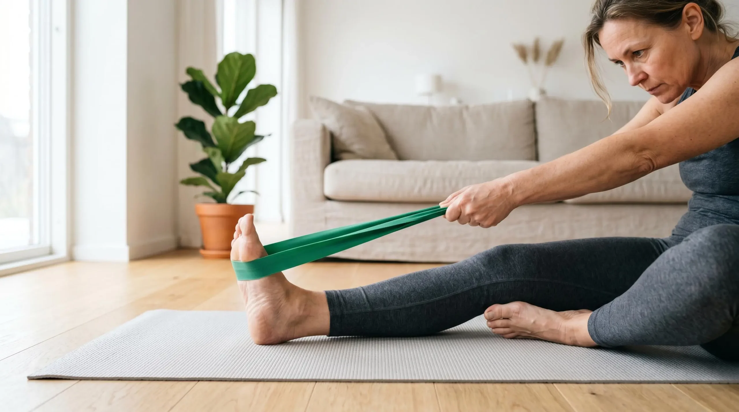 Femme d'âge moyen réalisant un exercice de renforcement musculaire de la cheville avec bande élastique sur tapis de yoga dans un intérieur domestique lumineux
