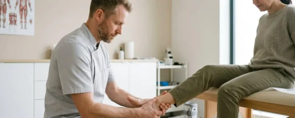 Kinésithérapeute examinant la cheville d'une patiente adulte sur table de soin dans un cabinet moderne, mobilisation passive de l'articulation en phase de rééducation post-opératoire