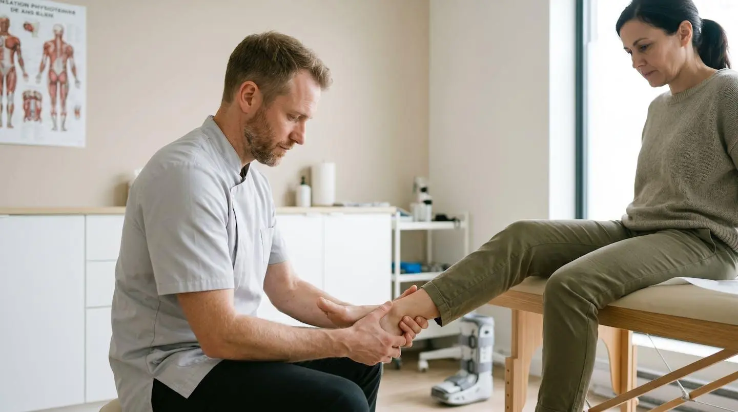 Kinésithérapeute examinant la cheville d'une patiente adulte sur table de soin dans un cabinet moderne, mobilisation passive de l'articulation en phase de rééducation post-opératoire