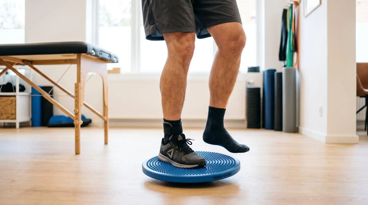 Patient masculin réalisant un exercice d'équilibre proprioceptif sur plateau circulaire dans un cabinet de kinésithérapie, phase avancée de rééducation post-fracture cheville